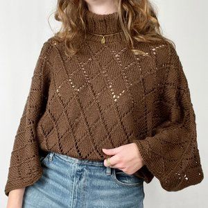 Vintage Handmade Oversized Poncho Cape Turtleneck Sweater Argyle Open Cable Knit